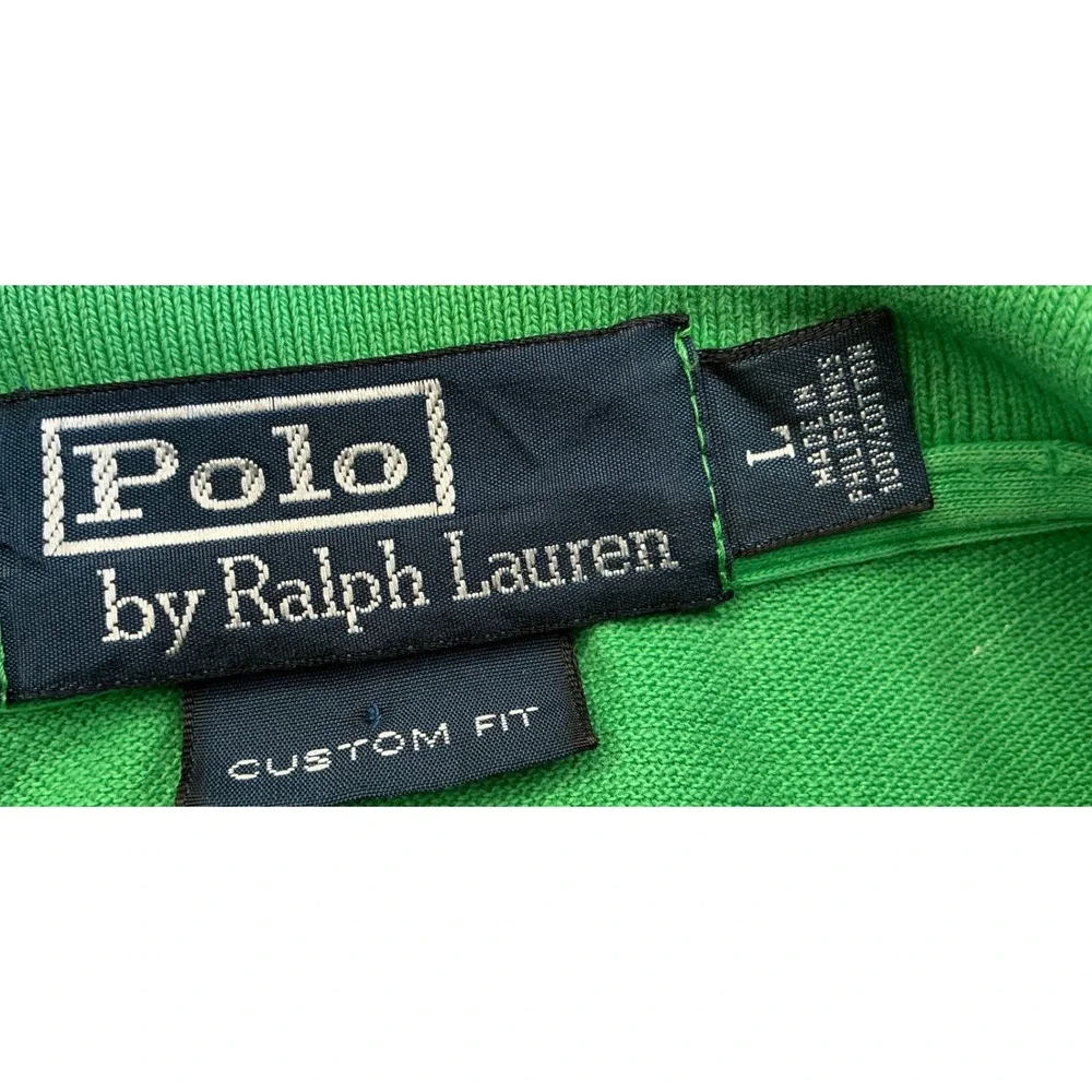 Polo Ralph Lauren Green Polo Shirt Custom Fit Purple Pony Size L Mens Pique